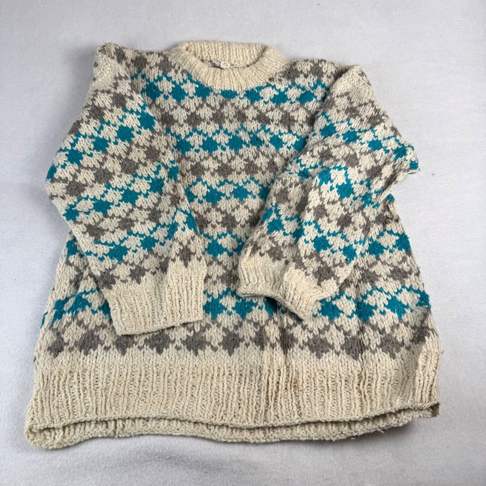 Ruby 100% Wool Hand Knit Sweater Womens Geometric Teal Grey Chunky Pullover